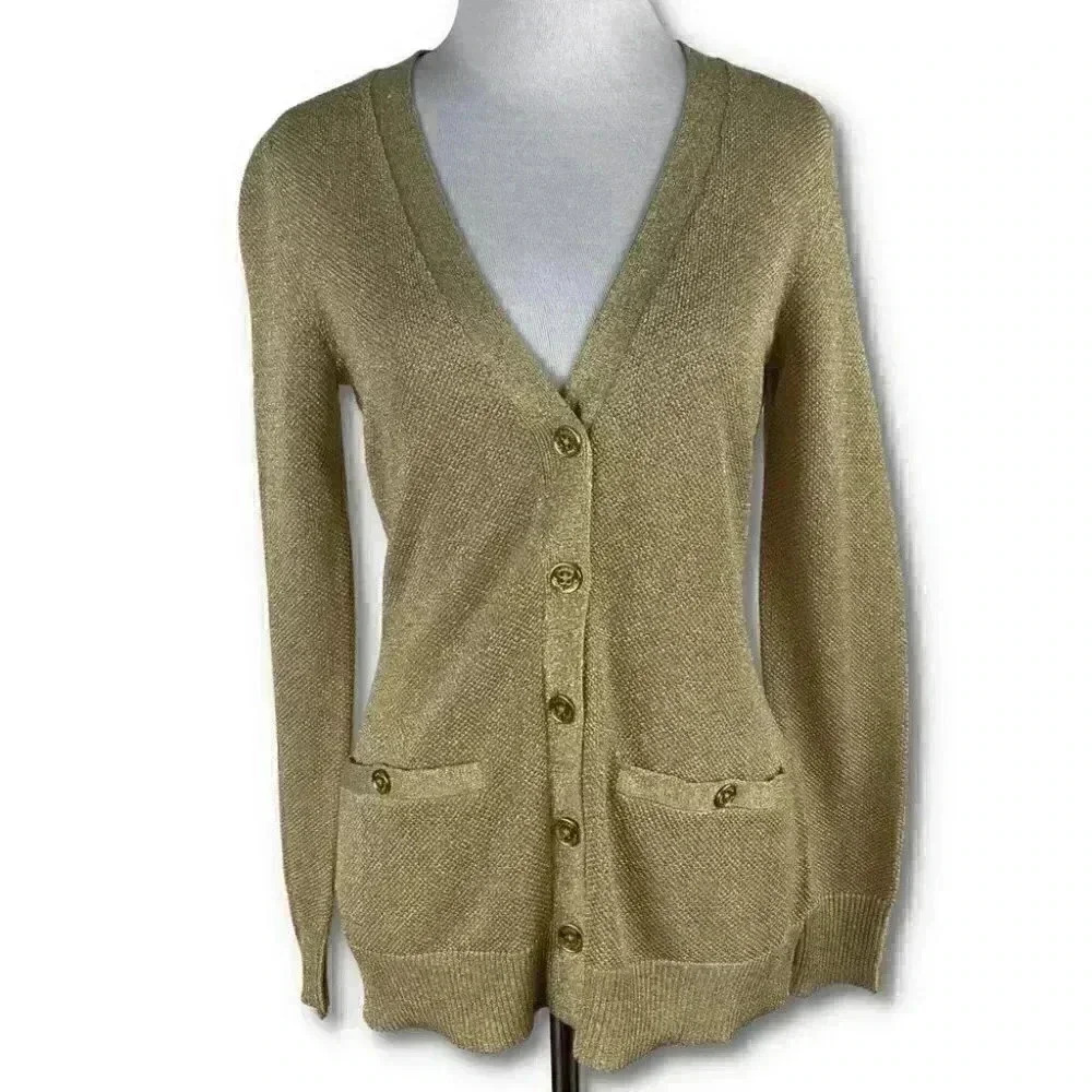 Lauren Ralph Lauren sweater P/P 55% silk gold metallic button down knit cardigan